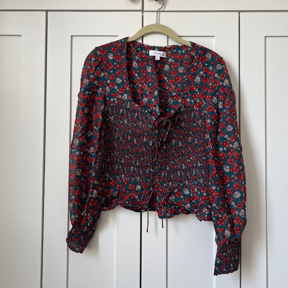 Intermix Ruched Lace up Floral Top